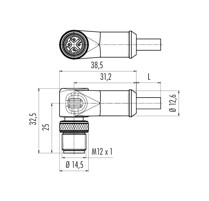 binder - 免费 CAD 模型 - M12 弯角针头电缆连接器, 极数: 4, 屏蔽, 预铸电缆, IP67, Ethernet ...