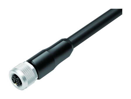 M12 Female cable connector, Contacts: 4+PE, unshielded, moulded on the cable, IP68, UL, PUR, black, 5 x 1.50 mm², 5 m
