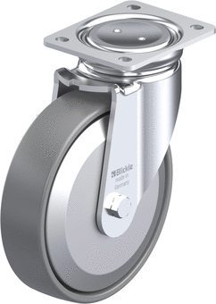 Pressed steel swivel castor, enclosed design, with top plate fitting, nylon wheel, with steel thread guard, electrically conductive, non-marking