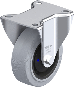 Pressed steel fixed castor, medium duty design, with top plate fitting, heavy duty wheel, with 'Blickle EasyRoll' elastic solid rubber tyres, with nylon wheel centre, non-marking, grey, with synthetic threadguard