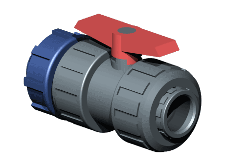 UP. 63. PESF5 - "PN 10" ball valve, PVC-U body, PE connection x female solvent socket, Metric series, Seating joints in HDPE, O-Rings in EPDM