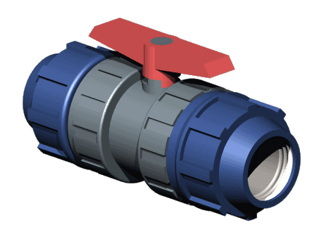 UP. 63. PE5 - "PN 10" ball valve, PVC-U body, PE connection, Metric series, Seating joints in HDPE, O-Rings in EPDM