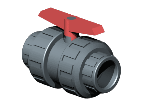 UP. 62. SF5 - "PN 10" ball valve, PVC-U body, Female solvent socket, Metric series, Seating joints in HDPE, O-Rings in EPDM