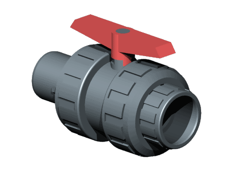 UP. 62. SMF5 - "PN 10" ball valve, PVC-U body, Male x female solvent socket, Metric series, Seating joints in HDPE, O-Rings in EPDM
