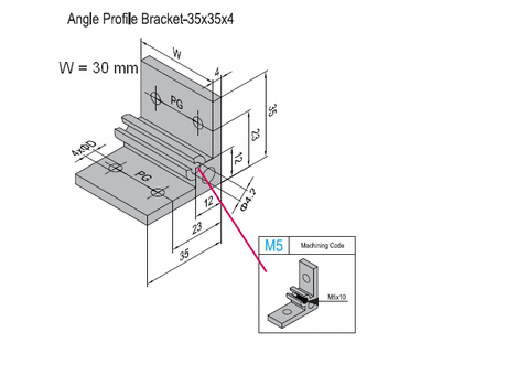 Angle profile bracket 35x52 Aluminium for PG30 with M5 lateral thread hole