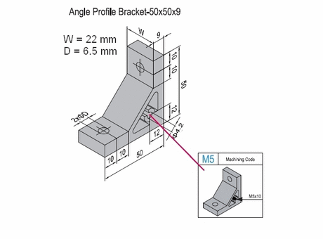 Angle profile bracket 50x22 Aluminium for PG30 with M5 lateral thread hole