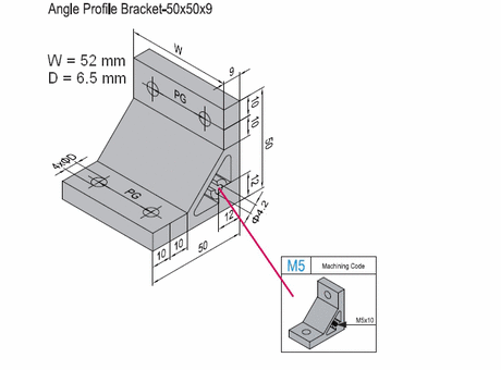 Angle profile bracket 50x52 Aluminium for PG30 with M5 lateral thread hole