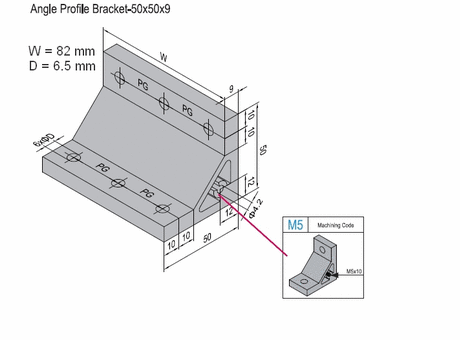 Angle profile bracket 50x82 Aluminium for PG30 with M5 lateral thread hole