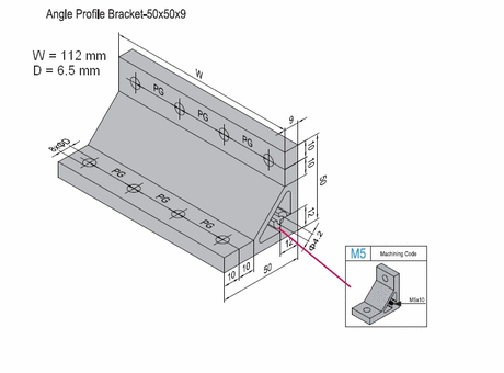 Angle profile bracket 50x112 Aluminium for PG30 with M5 lateral thread hole
