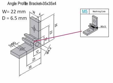 Angle profile bracket 35x22 Aluminium for PG30 with M5 lateral thread hole
