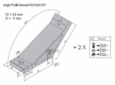 Angle profile bracket 135 deg  Aluminium 70x40 for PG50  with screws and Tnuts