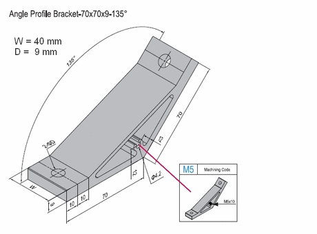 Angle profile bracket 135 deg  Aluminium 70x40 for PG50  with M5 lateral thread hole