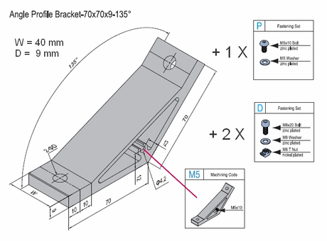 Angle profile bracket 135 deg  Aluminium 70x40 for PG50 with M5 lateral thread hole and fixation set