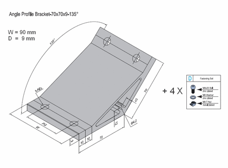 Angle profile bracket 135 deg  Aluminium 70x90 for PG50  with screws and Tnuts