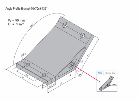 Angle profile bracket 135 deg  Aluminium 70x90 for PG50  with M5 lateral thread hole