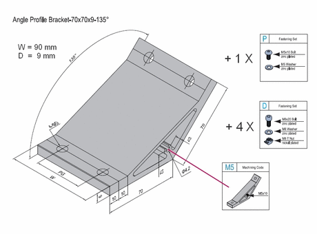 Angle profile bracket 135 deg  Aluminium 70x90 for PG50 with M5 lateral thread hole and fixation set