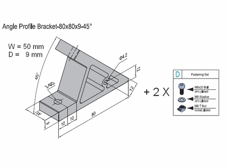 Angle profile bracket 45 deg  Aluminium 80x50 for PG50  with screws and Tnuts