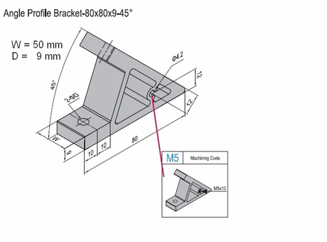 Angle profile bracket 45 deg  Aluminium 80x50 for PG50  with M5 lateral thread hole