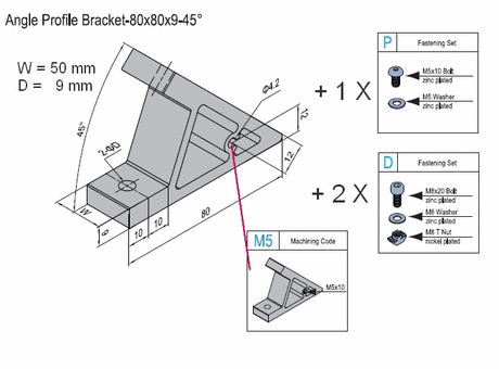 Angle profile bracket 45 deg  Aluminium 80x50 for PG50 with M5 lateral thread hole and fixation set