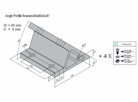 Angle profile bracket 45 deg  Aluminium 80x90 for PG50  with screws and Tnuts
