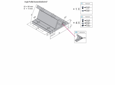 Angle profile bracket 45 deg  Aluminium 80x90 for PG50 with M5 lateral thread hole and fixation set