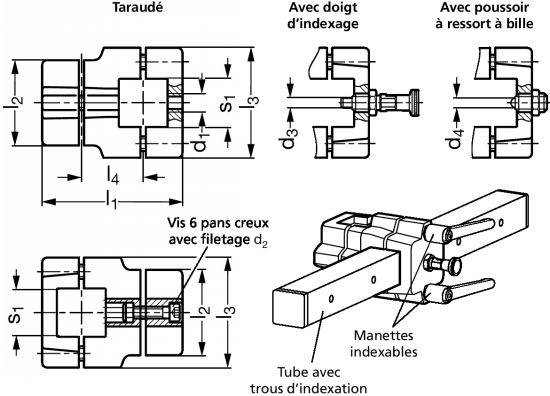 Connecteur de tube en croix aluminium, avec indexation, pour tubes carrés - Schéma