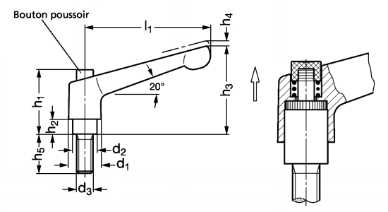 Manette indexable zamac, à tige filetée acier zingué, indémontable - Schéma