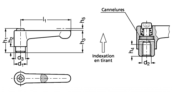 Manette indexable zamac, droite, à insert taraudé acier zingué - Schéma