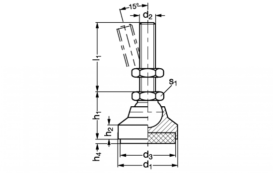 Pied à rotule acier, patin antivibratoire - Schéma