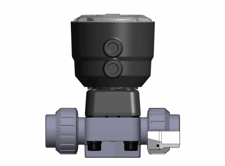 Pneumatically actuated diaphragm valve Normally Closed, with female union ends for solvent welding, ASTM PVC-U series