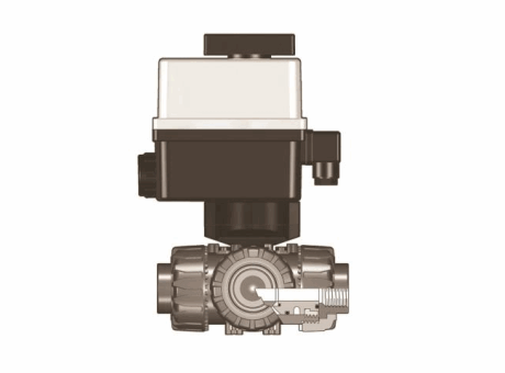 Electrically actuated DUAL BLOCK® three way ball valve with BS parallel socket threaded ends, T bore** and electric actuator multivolt 90-240 V AC 50-60 Hz