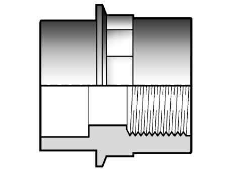 Double adaptor with solvent weld socket df, solvent weld spigot dm and BSP threaded female end R (fig. A)