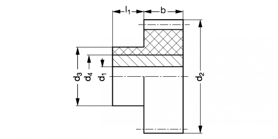 Roue dentée droite plast moyeu acier ou inox module 1,5 - Plan