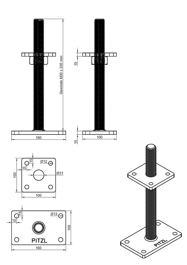 Pitzl - Free CAD models - 11016.1300 - Post base threaded rods with ...