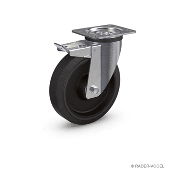 Industrial swivel castor (ALLSTOP) with ELASTIC solid rubber wheel (roller bearing)