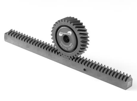 Helical rack with steel core and helical gears in PA6 reinforced with glass fiber, gray color
