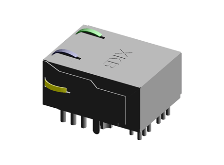 RJ45 Connector,Single layer with shielding,Bilateral dual color lamp,Side operation pin type,Installation surface height11.30mm,L=21.30mm
