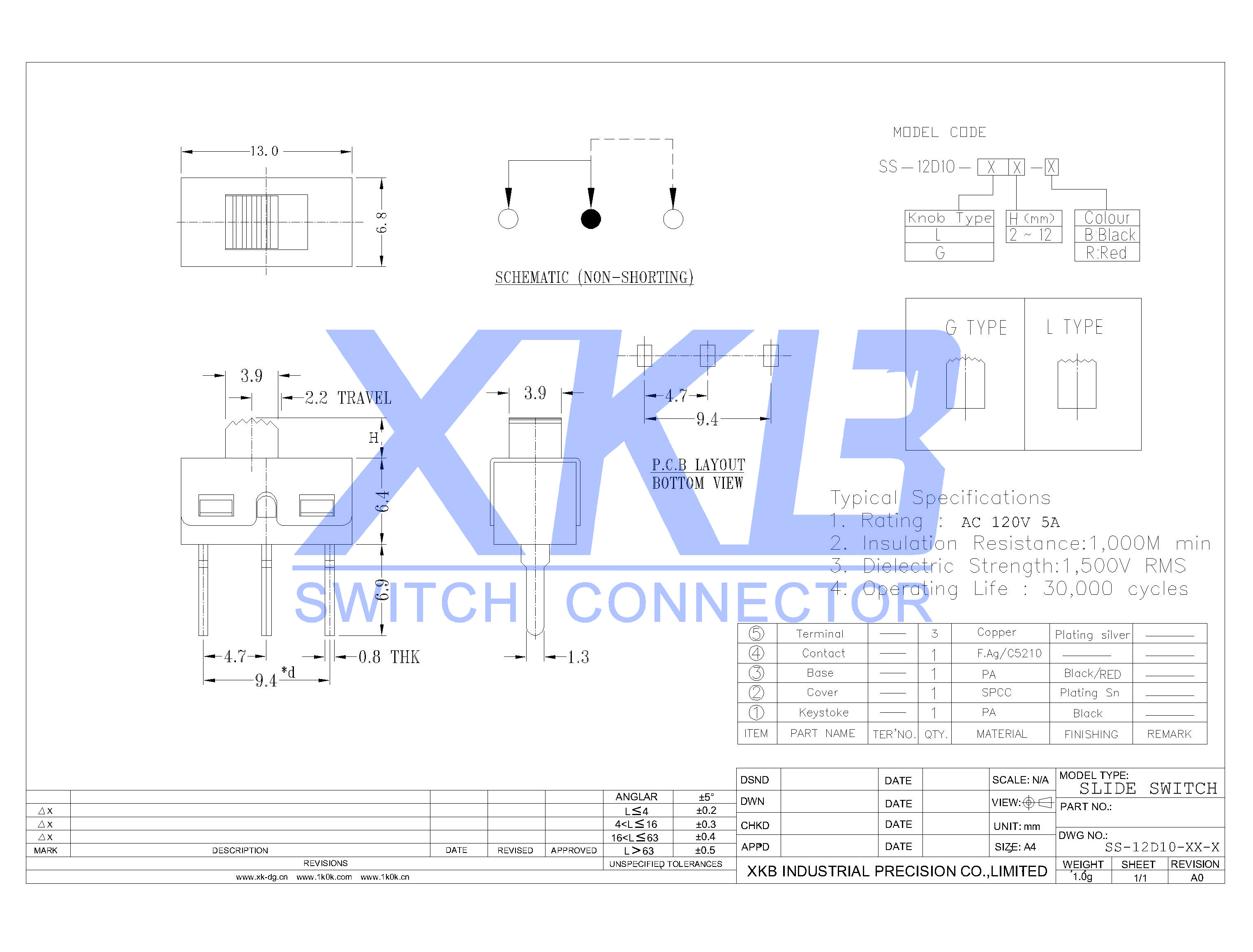 XKB Connectivity - Free CAD models - Slide Switch SS-12D10L5 - TraceParts