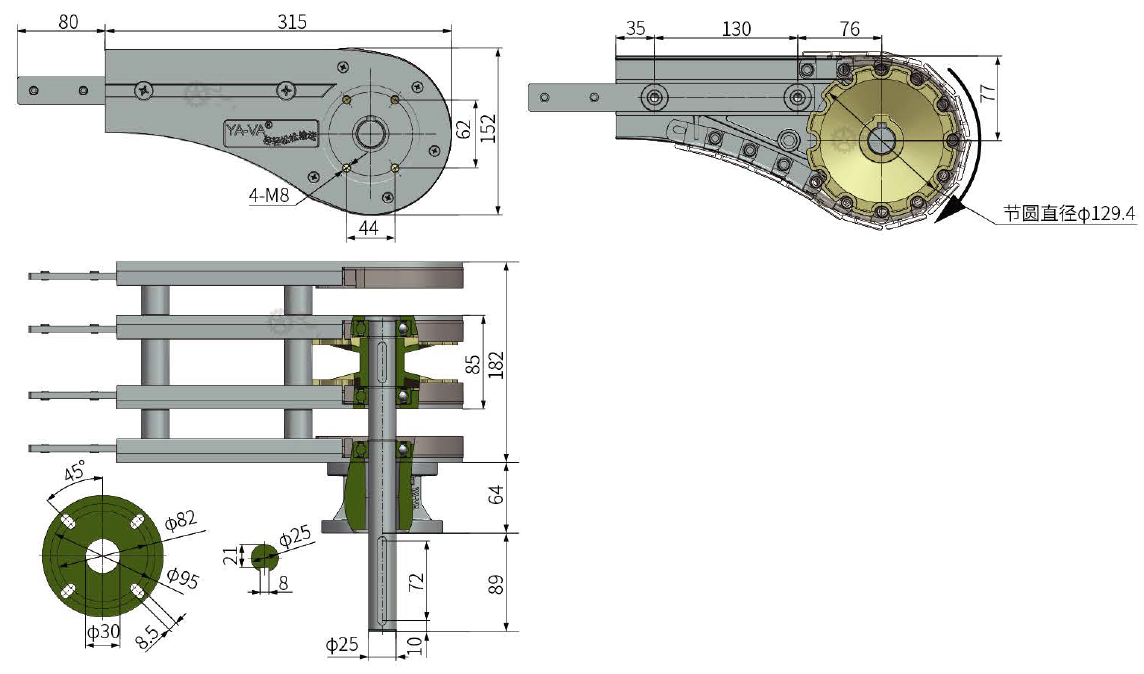 Drive System Dimensions YA-VA Intelligent Systems Co., Ltd. - Free CAD models - YB180 End Drive ...